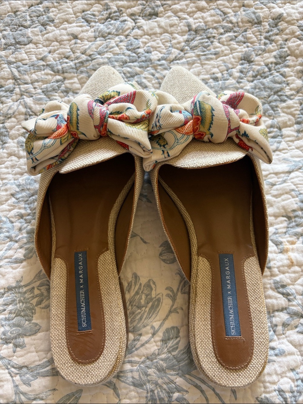 Schumacher x Margaux Cream Bow Mules with Floral Accent